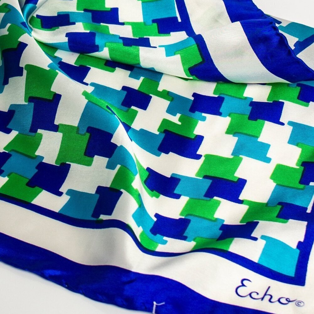 Echo Silk Scarf Square | Retro Style Bandana Scarf | Aqua Monochromatic - Picture 6 of 10
